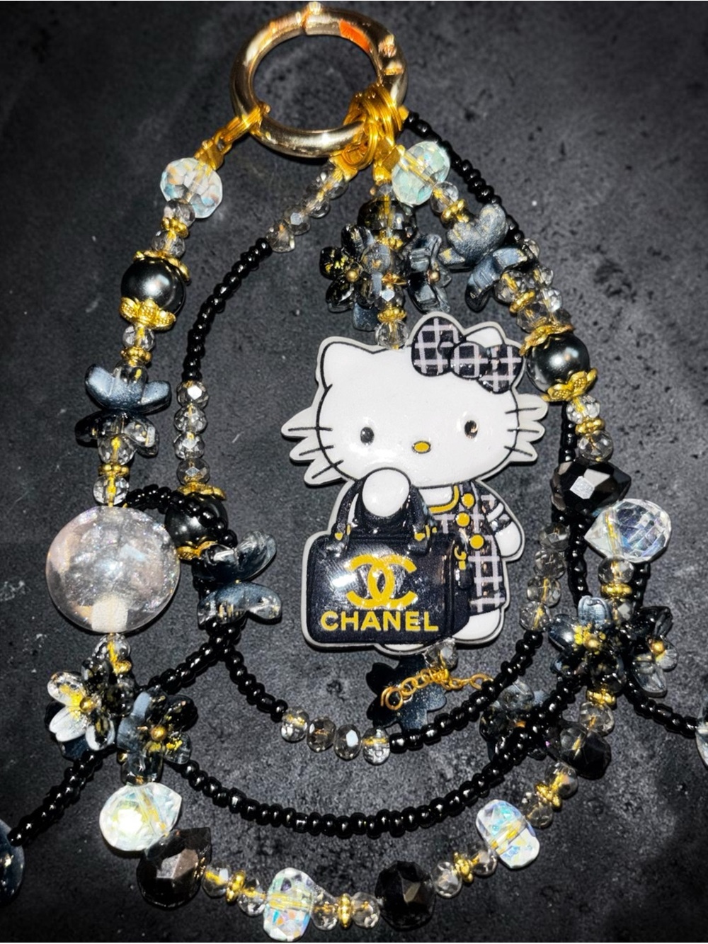 Hello kitty Black, Gold & White Hello Kitty Beaded Purse charm